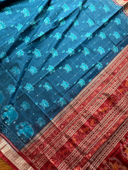 Teal blue and maroon handwoven Sambalpuri thousand motif pure Ikkat silk saree | Odisha Weaves