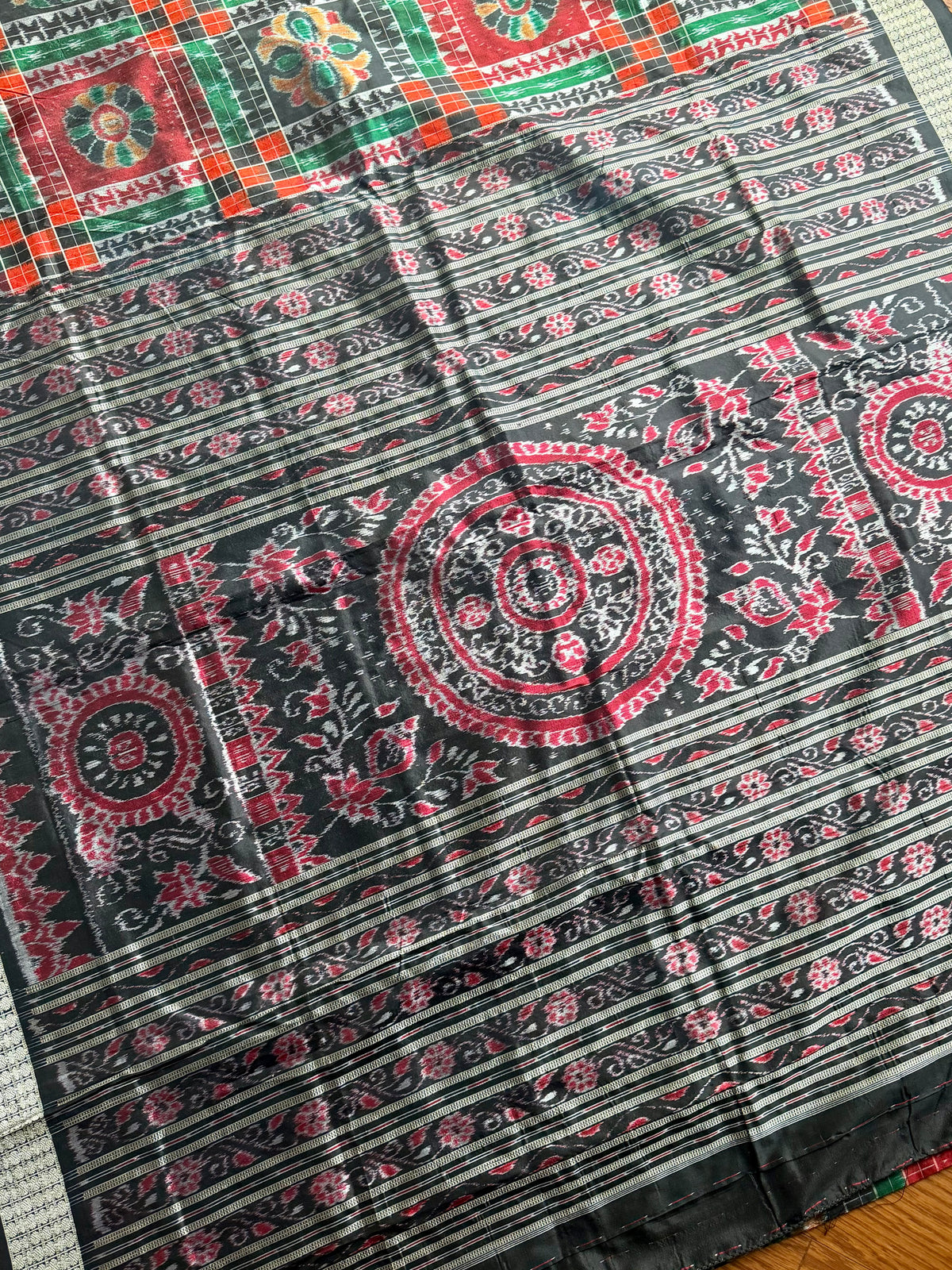 Handwoven Utkal Laxmi Sambalpuri ikat pure silk saree, orange pasapali in body|Odisha Weaves
