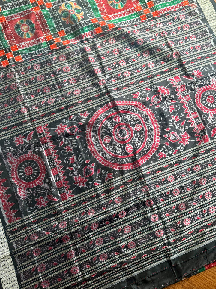 Handwoven Utkal Laxmi Sambalpuri ikat pure silk saree, orange pasapali in body|Odisha Weaves