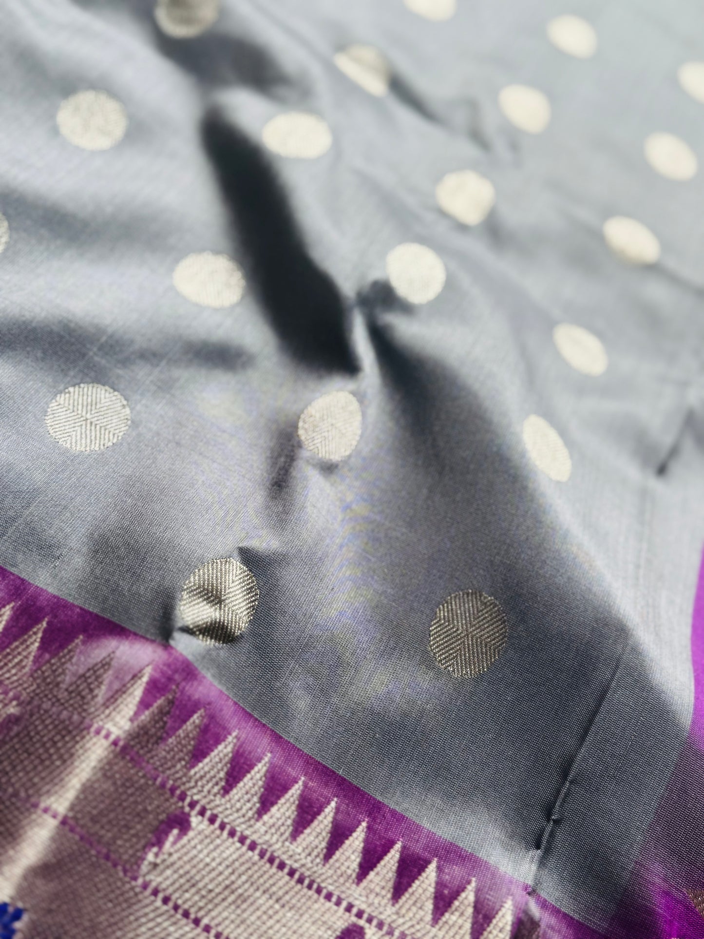 Grey purple high quality Venkatagiri handloom pure silk saree with Paithani border