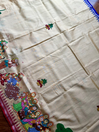 Warm pale yellow Odia Vivaha Pattachitra Berhampuri Pure Silk Saree – Ganga Jamuna Border