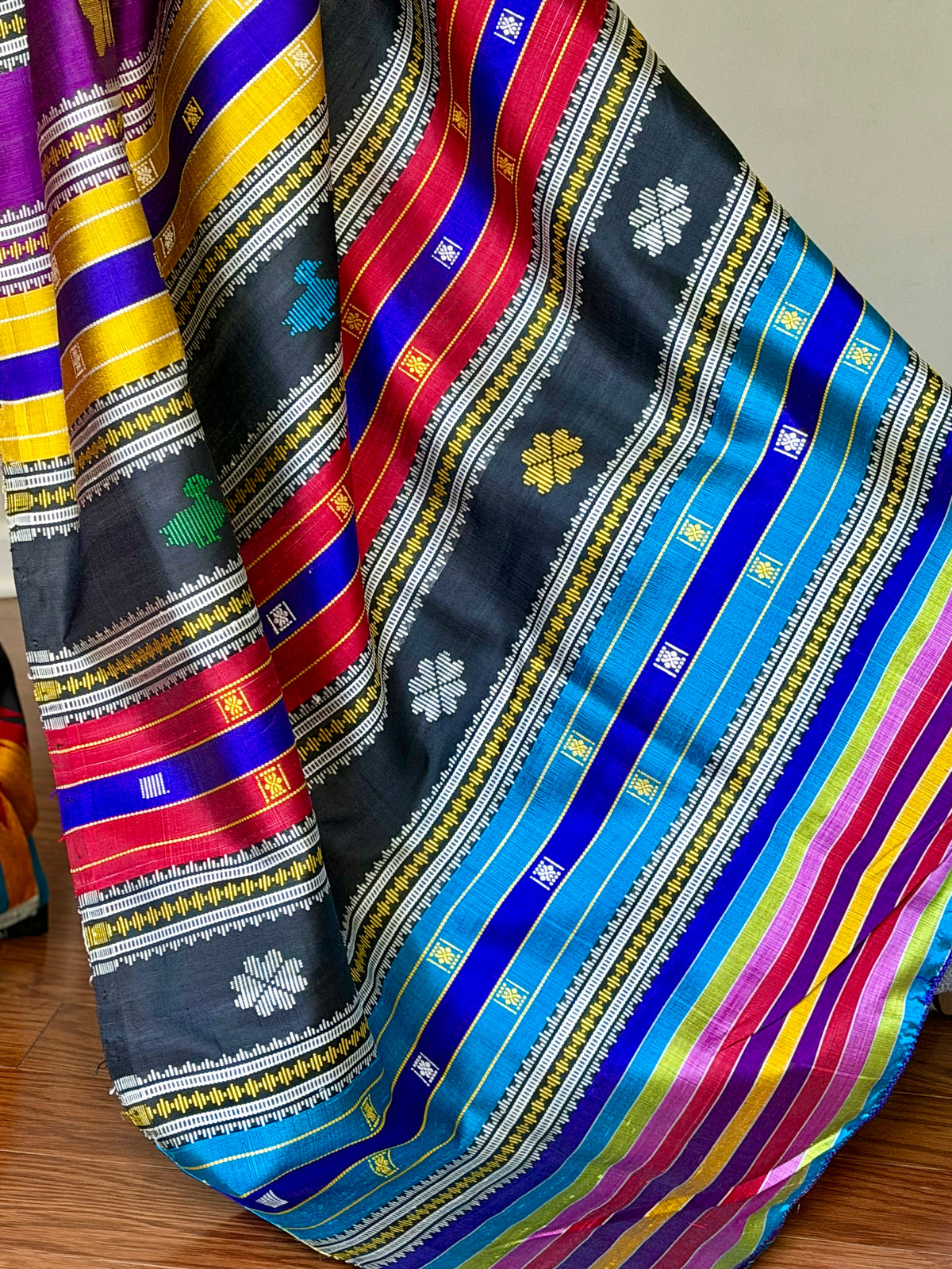 Maroon Berhampuri Pure Silk Saree with multi color Double pallu