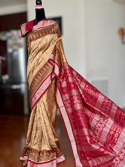 Golden baige and maroon-ish red handwoven Sambalpuri pure Ikkat silk saree | Odisha Weaves