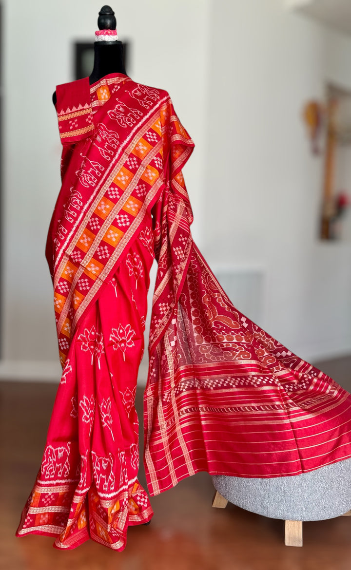 Red color Elegant khandua ikat pure silk saree with Elephant lotus motifs in body and pasapalli border |Odisha Weaves