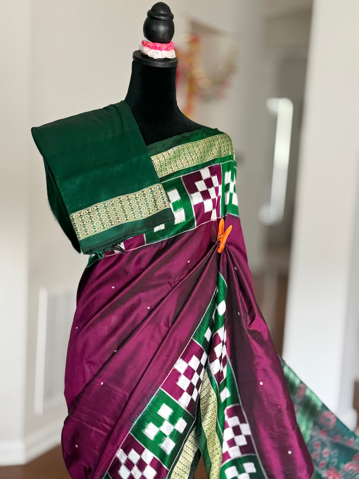 Plum and green combination Sambalpuri pasapali handwoven Ikkat semi-silk saree| Odisha Weaves