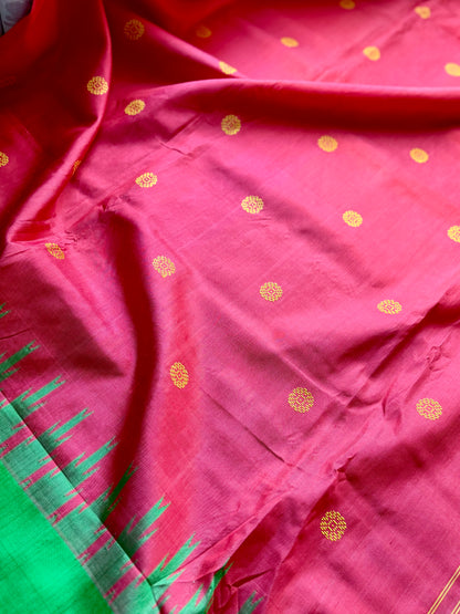 Dark Peach Berhampuri double pallu handwoven  Pure Silk Saree
