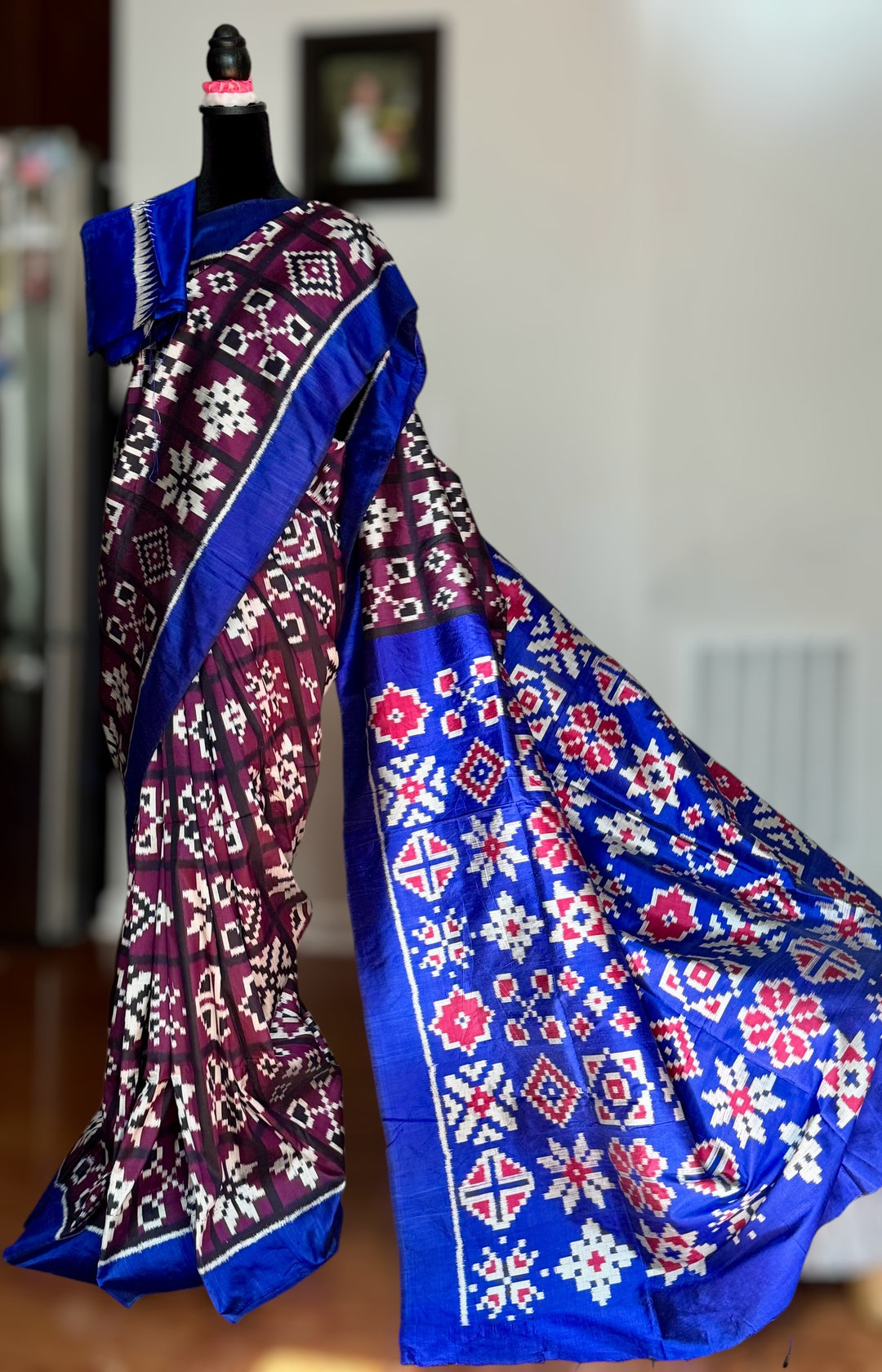 Purple with Blue combination Telia inspired Contemporary ikat pure silk saree