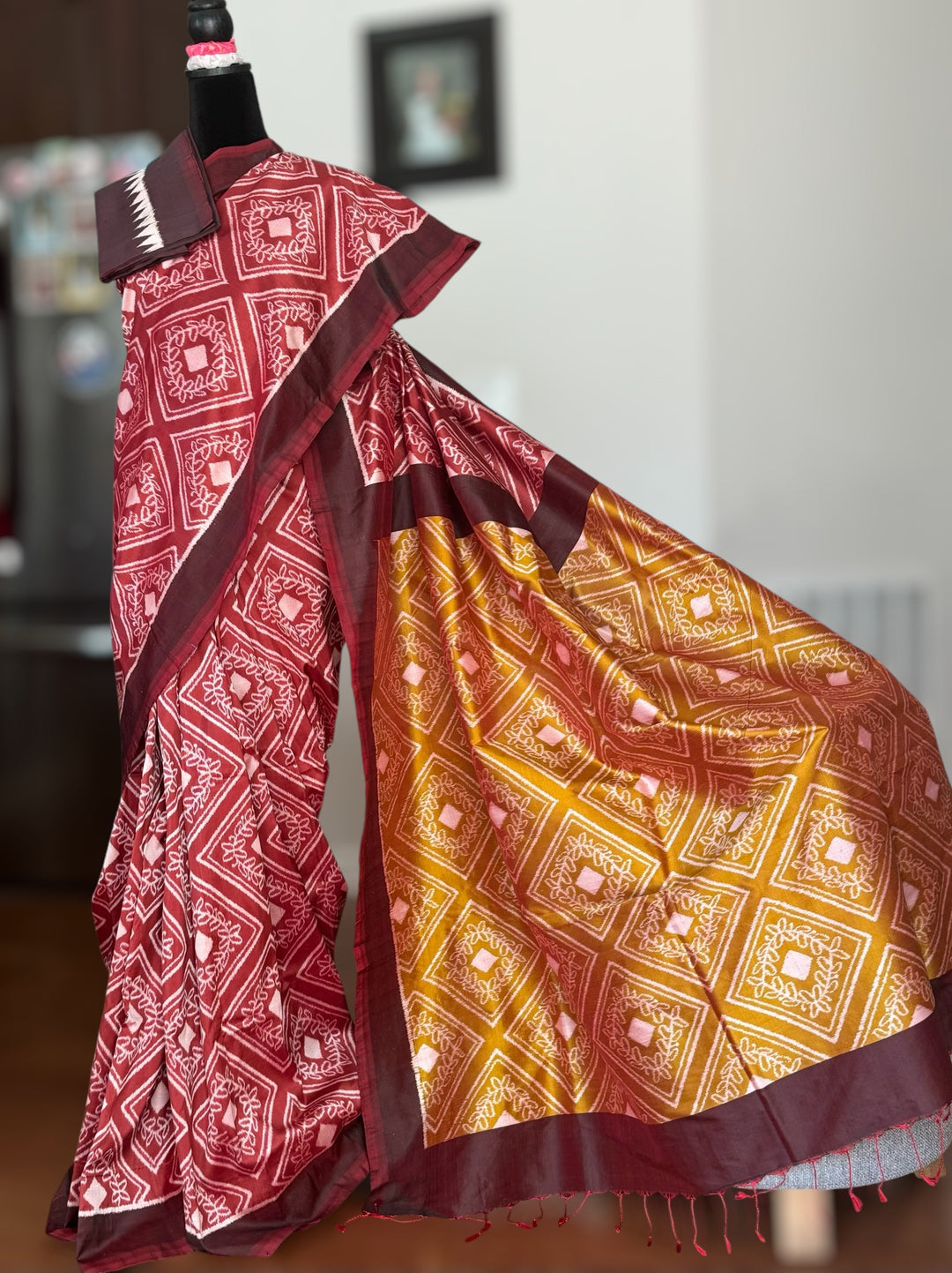 High quality contemporary Ikat Pure silk saree in light rust red