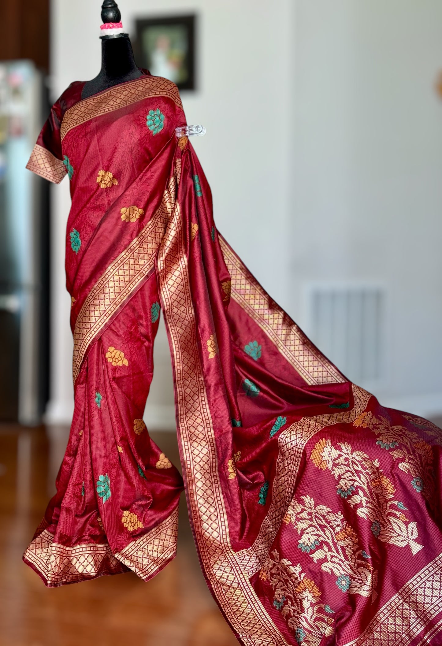 Lovely rust red designer weaved and textured saree with stitched blouse| Value Vogue