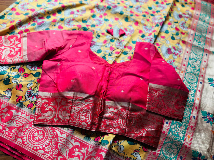 Kalamkari and paithani inspired artificial silk saree with stitched blouse|Value Vogue