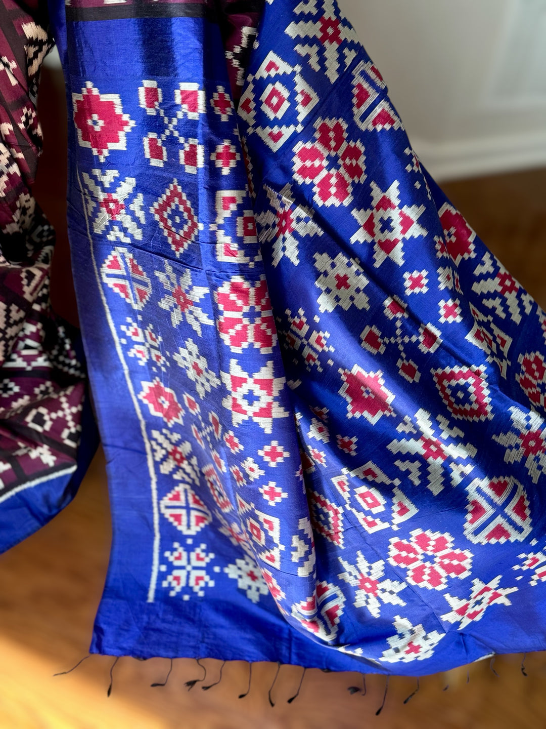 Purple with Blue combination Telia inspired Contemporary ikat pure silk saree