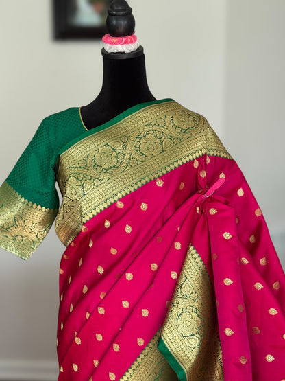Pink Handloom Banarasi Silk Saree With Stitched Blouse