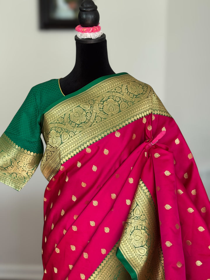Pink Handloom Banarasi Silk Saree With Stitched Blouse