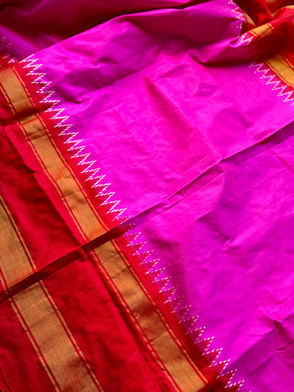 Bright Magenta-pink with Red Pochampally ikat pure silk saree with Patola pallu and Kanchi-Style Zari Border