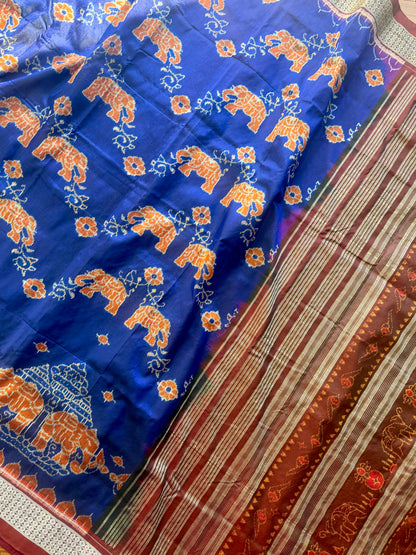 Blue & Maroon Sambalpuri Handwoven Ikat Elephant Motif pure silk Saree | Odisha weaves