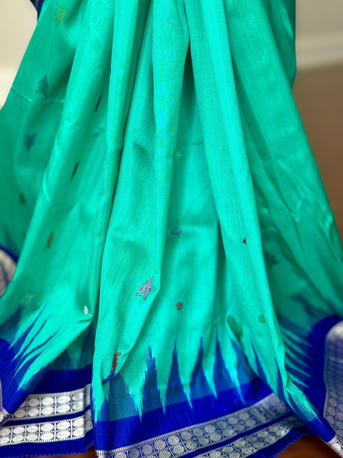 Aquamarine and blue combination master woven Bomkai pure silk saree | Odisha Weaves