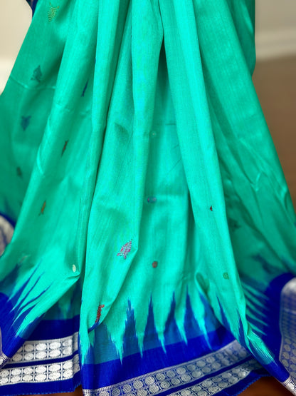 Aquamarine and blue combination master woven Bomkai pure silk saree | Odisha Weaves