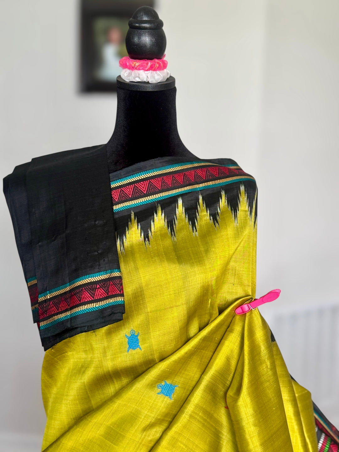 Light green and black combination Dongria double pallu contemporary ikat pure silk saree