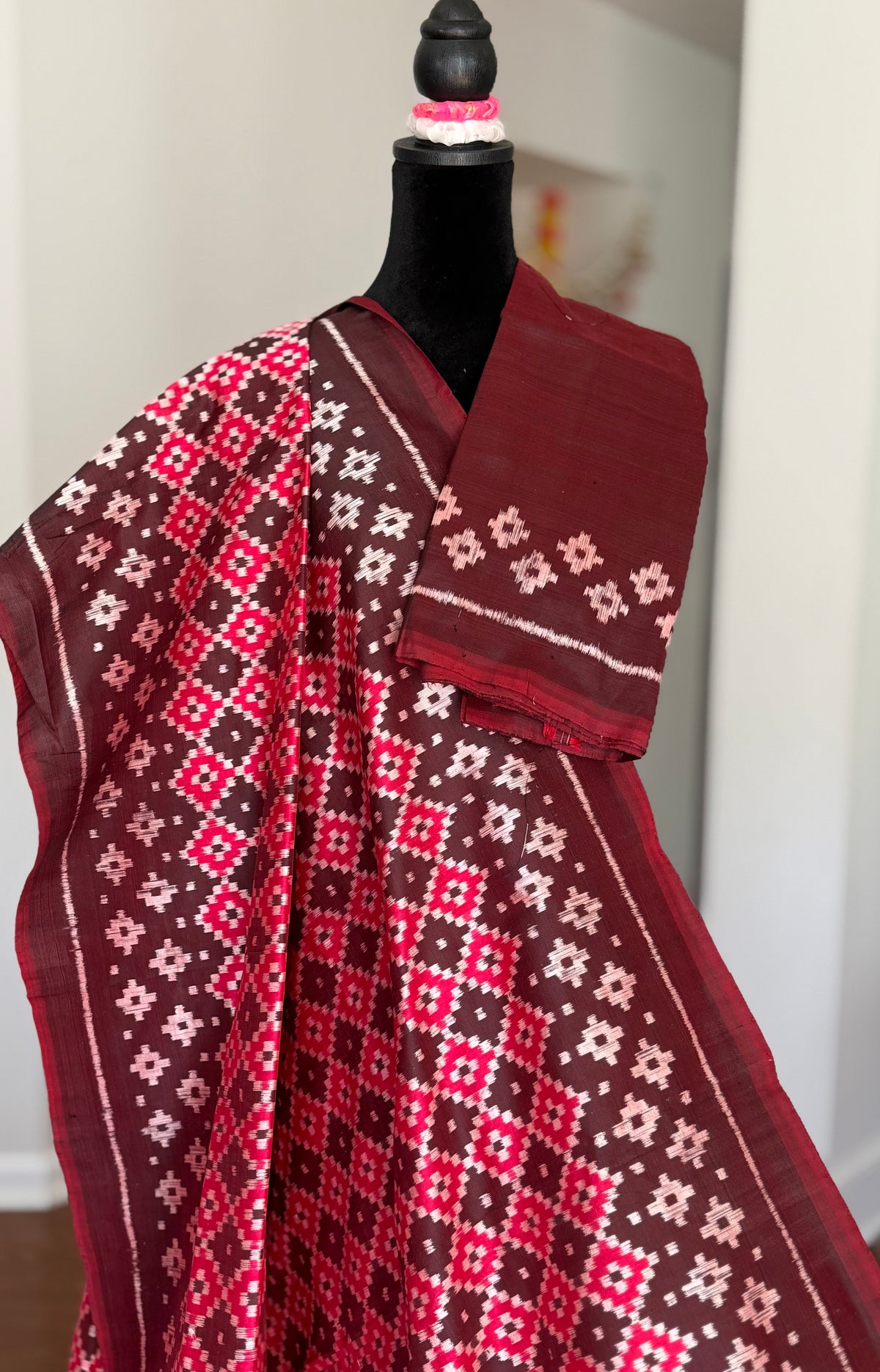 Maroon handwoven ikat pure silk saree with pasapali design|Odisha Weaves|Contemporary Ikat|Antara