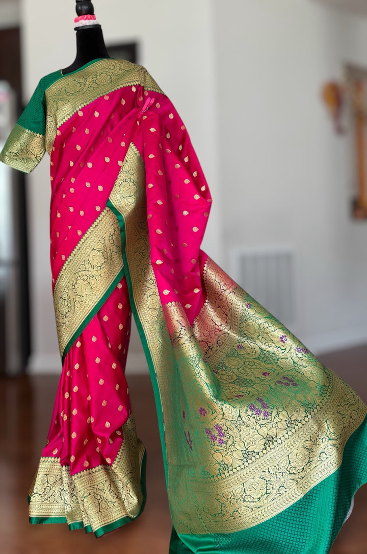 Pink Handloom Banarasi Silk Saree With Stitched Blouse
