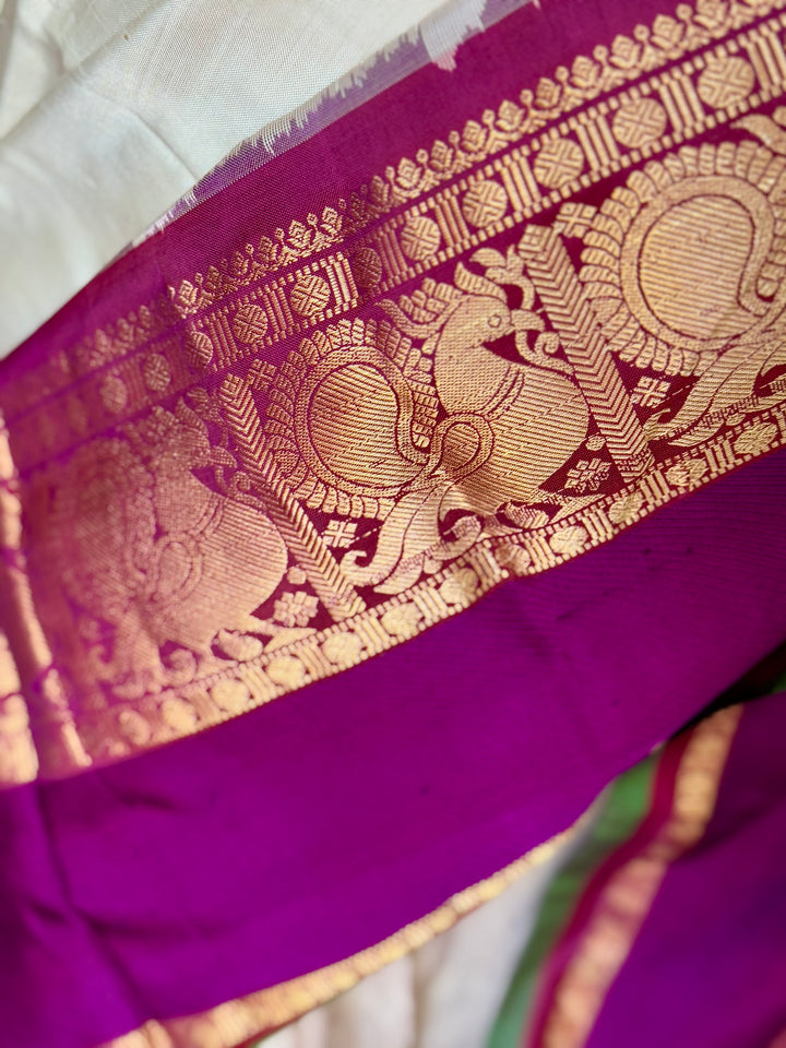 White Purple Ikkat (Pochampally)Silk Saree with Zari Woven Kanchipuram Border and Unstitched Blouse