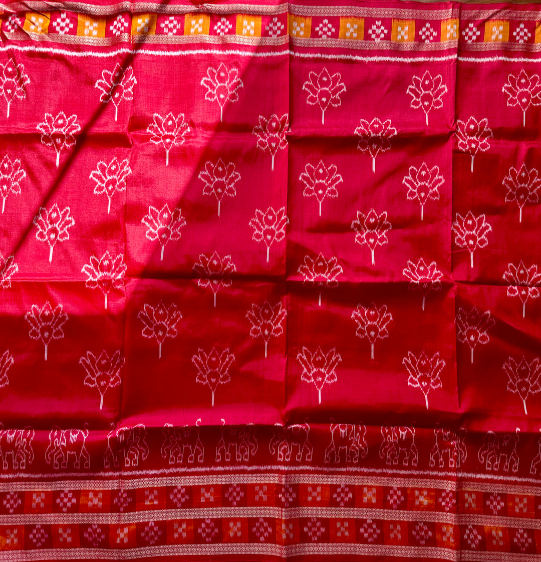Red color Elegant khandua ikat pure silk saree with Elephant lotus motifs in body and pasapalli border |Odisha Weaves
