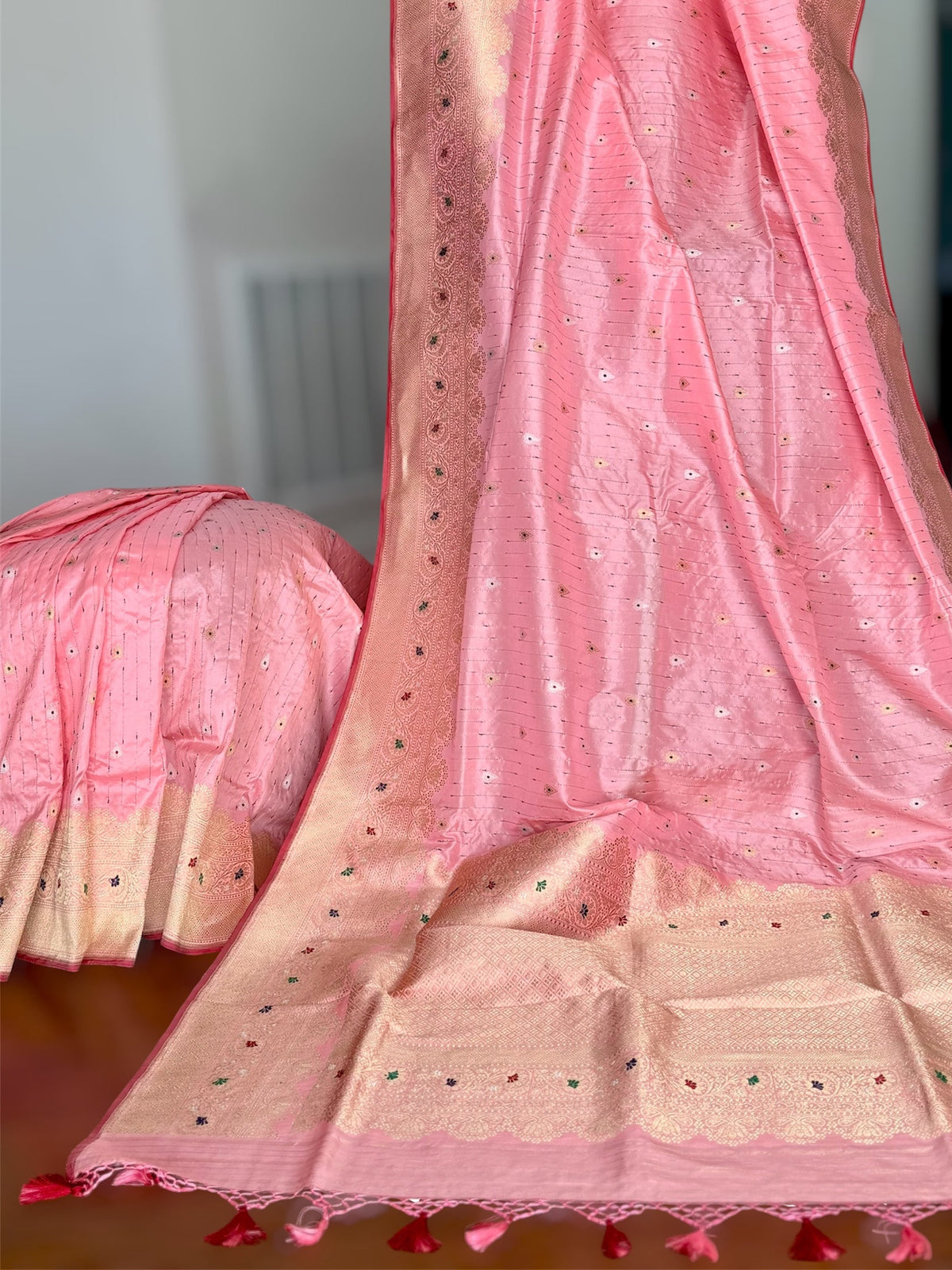 Luxurious Light Peach handwoven pure silk saree with Kadhwa, meenakari work