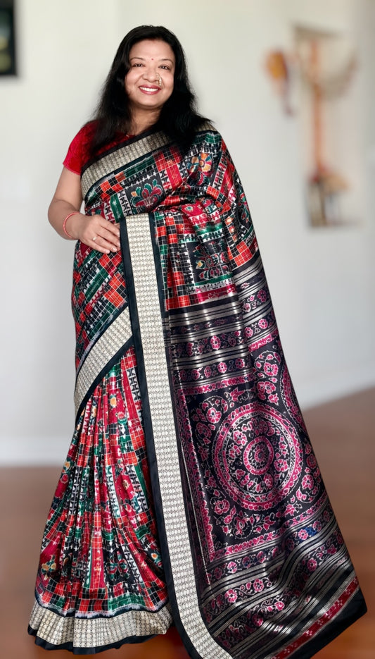 Handwoven Utkal Laxmi Sambalpuri ikat pure silk saree, orange pasapali in body|Odisha Weaves