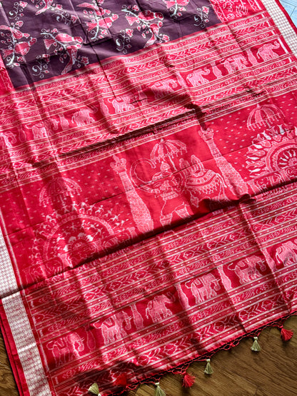 Bird theme Sambalpuri double ikkat pure silk saree in brown and red combination