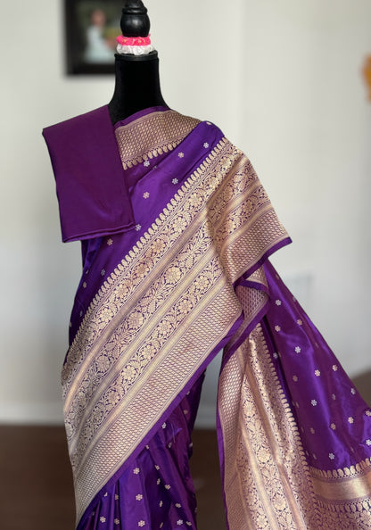 Exquisite piece of Banarasi handloom katan pure silk saree in purple