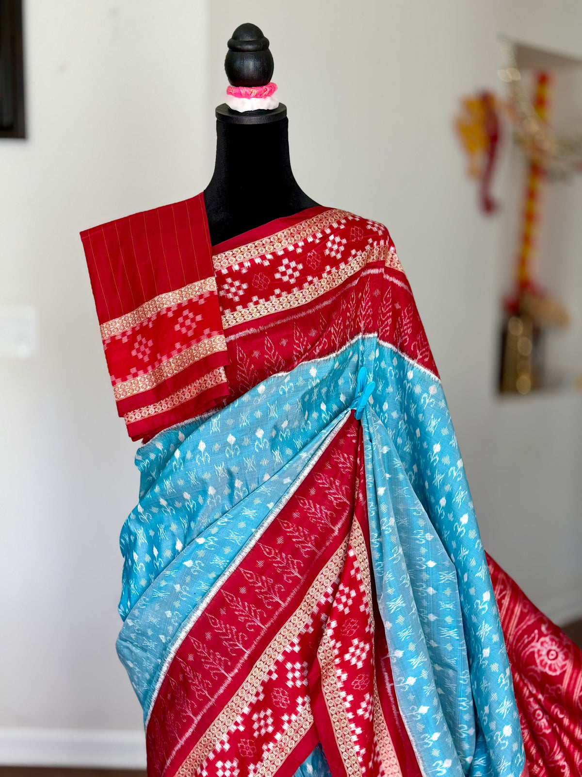 Ice-blue and red handwoven Sambalpuri pure Ikkat silk saree with pasapali border| Odisha Weaves