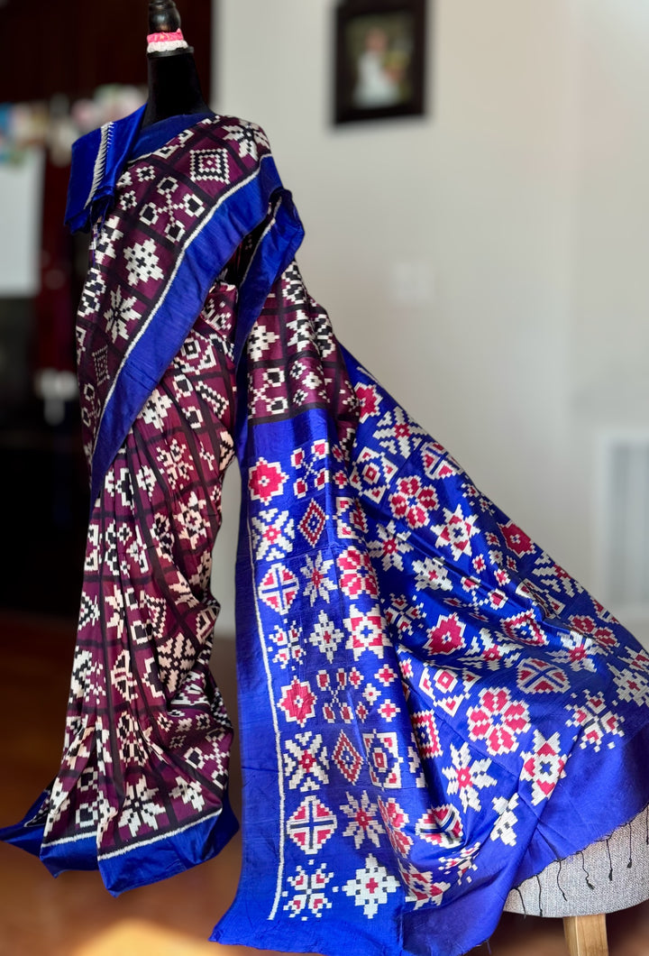 Purple with Blue combination Telia inspired Contemporary ikat pure silk saree