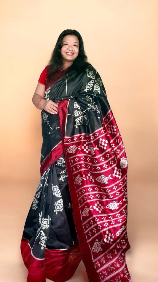 Black color fish motif handwoven ikat pure silk saree|Odisha Weaves|Contemporary Ikat|Antara