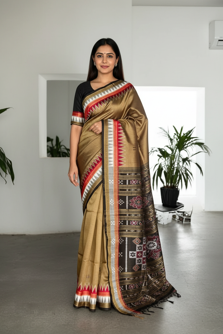 Ikat Khandua Pure Silk Saree from Odisha weaves in a sandy brown color |Odisha Weaves