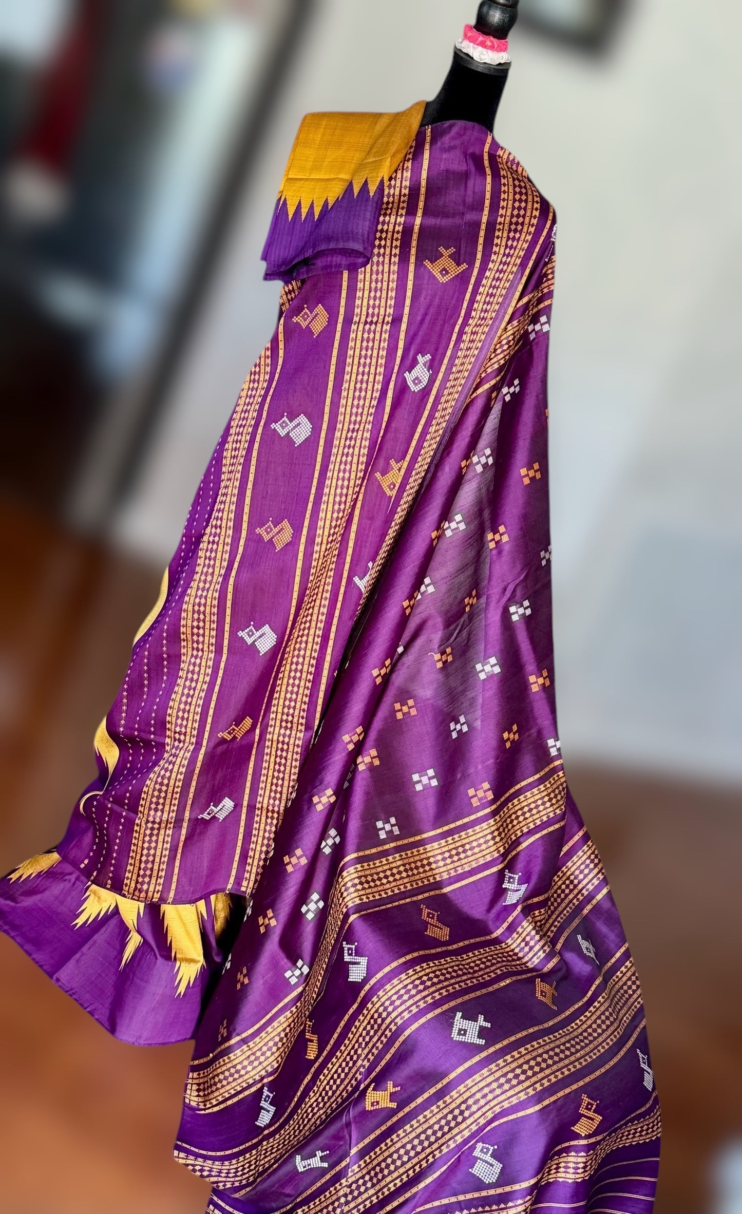 Mustard with purple combination Berhampuri Double Pallu pure silk saree