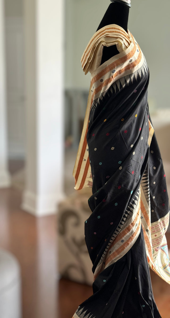 Gorgeous Black and Beige Combination Dolabedi pure silk saree from Odisha Weaves