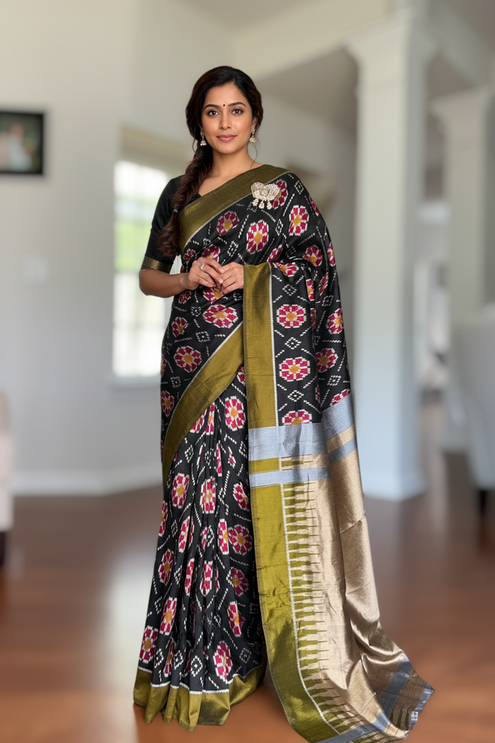 Black color handwoven ikat pure silk saree with Baghambari motif|Odisha Weaves|Contemporary Ikat|