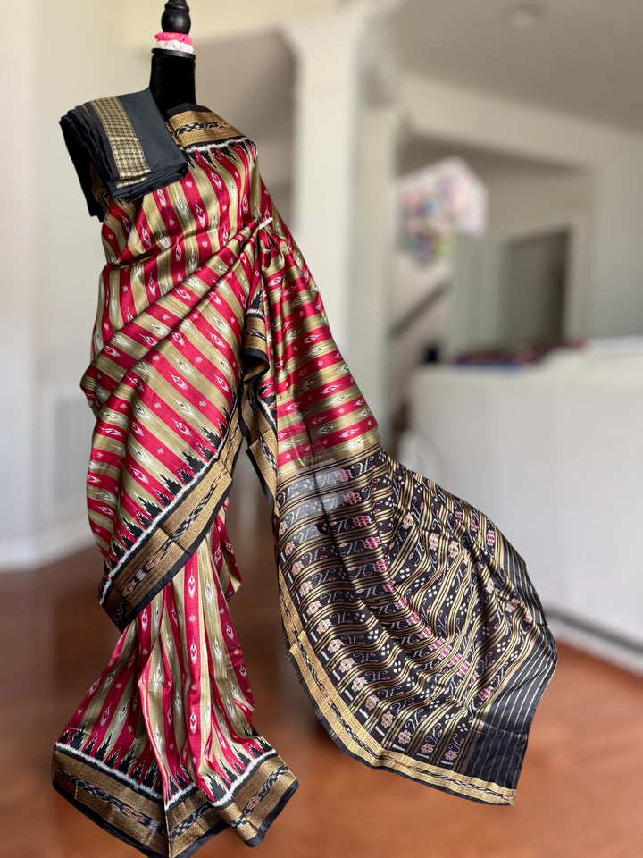 Maroon Beige Chandrika in striped body Contemporary Ikat Pure Silk Saree|Odisha Weaves|Mishrita