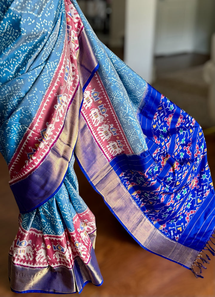 Ice blue Pochampally ikat pure silk saree