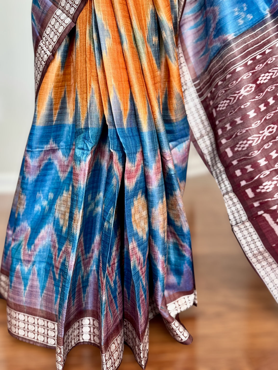 Multi colored Gopalpur handwoven pure Tussar silk saree with ikat pallu|Odisha weaves