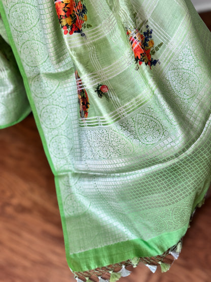 Beautiful Green color powerloom made banarasi pure silk saree with digital flower print and stitched blouse| Value Vogue