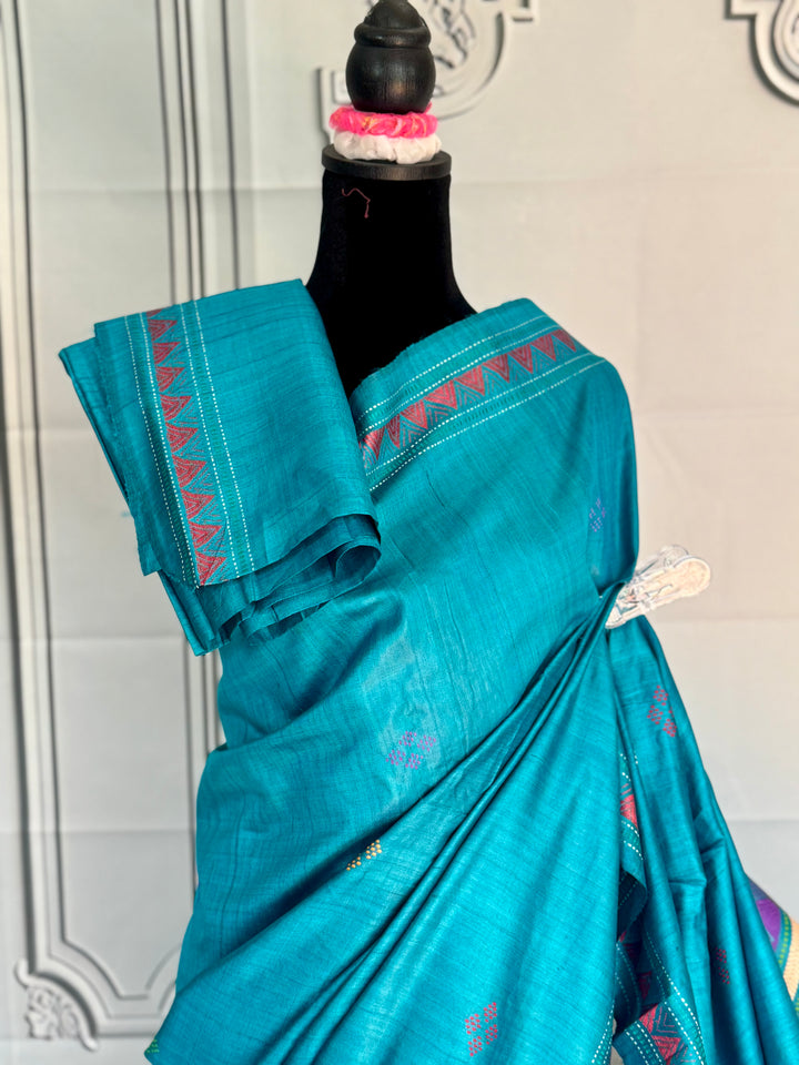 Teal Blue Gopalpur handwoven pure Tussar silk saree with Dongria pallu|Odisha weaves