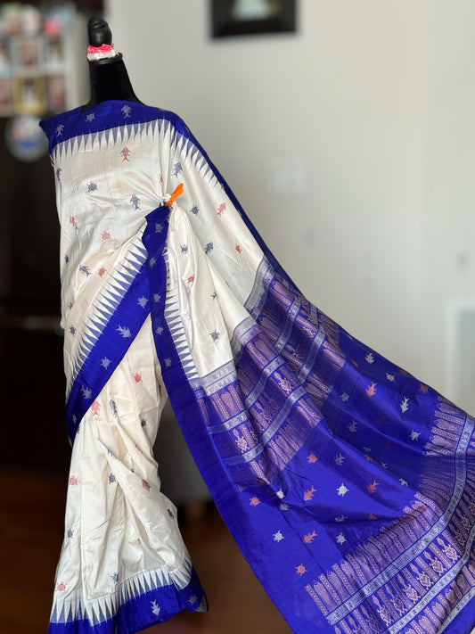 White and Blue combination exquisite piece of Bomkai Pure Silk Saree