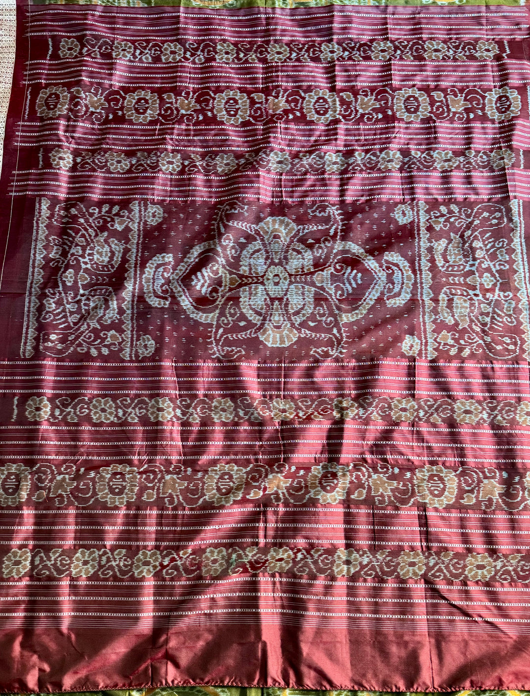 Olive green with maroon handwoven Sambalpuri Ikat Silk saree |Odisha Weaves