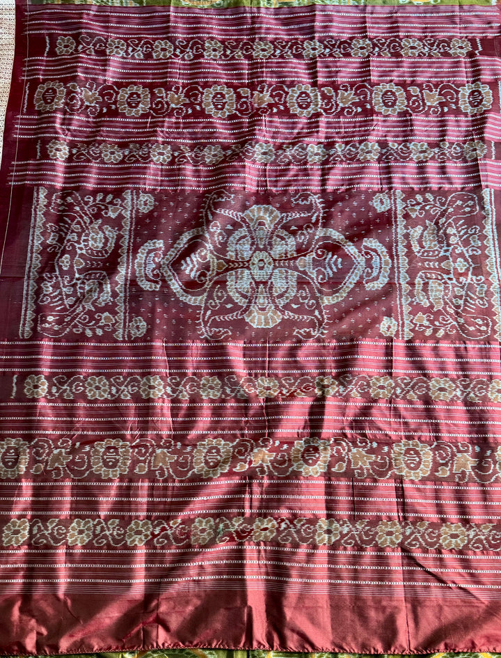 Olive green with maroon handwoven Sambalpuri Ikat Silk saree |Odisha Weaves