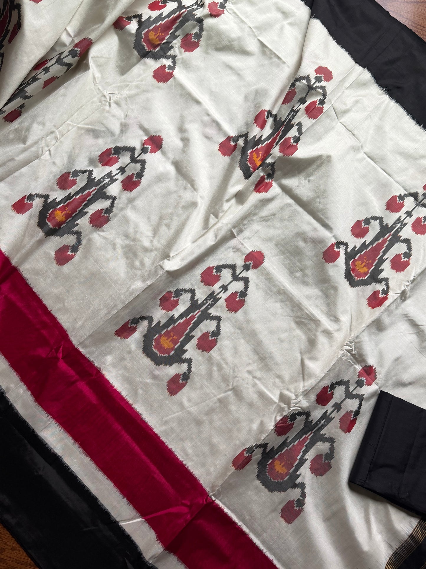 Cambodian inspired Pochampally handwoven double ikat pure silk saree| offwhite base| Sweta