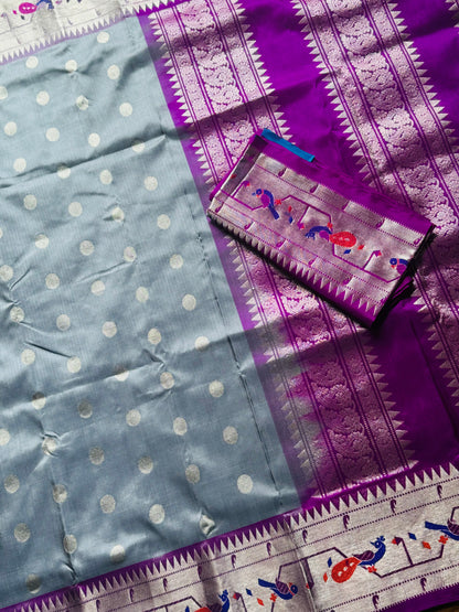 Grey purple high quality Venkatagiri handloom pure silk saree with Paithani border