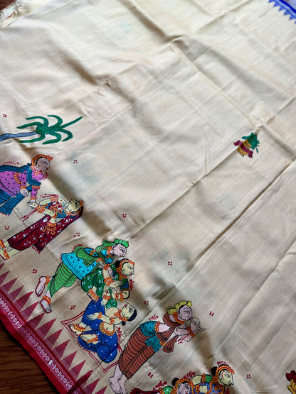 Warm pale yellow Odia Vivaha Pattachitra Berhampuri Pure Silk Saree – Ganga Jamuna Border