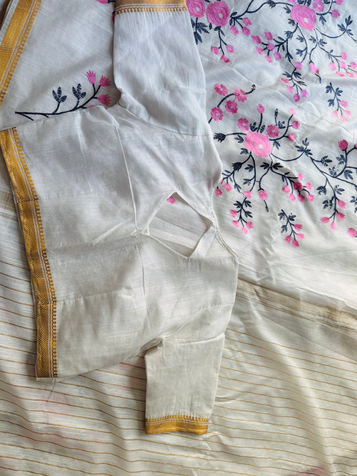 White color Linen muslin silk saree with embroidery work and stitched blouse| Value Vogue