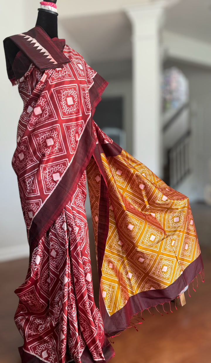 High quality contemporary Ikat Pure silk saree in light rust red